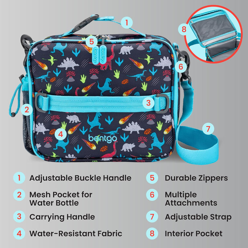 Bentgo Kids Lunch Bag - Durable, Double-Insulated Lunch Bag for Kids 3+; Holds Lunch Box, Water Bottle, & Snacks; Easy-Clean Water-Resistant Fabric & Multiple Zippered Pockets (Dinosaur)
