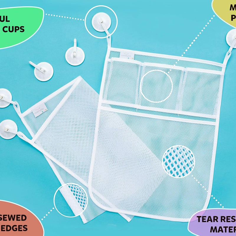 2 x Mesh Bath Toy Organizer + 8 Ultra Strong Hooks - Perfect Bathtub Toy Holder & Bathroom or Shower Caddy for Kids & Toddlers
