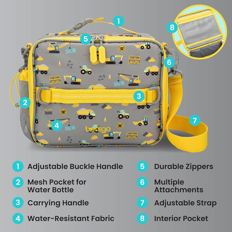 Bentgo Kids Lunch Bag - Durable, Double-Insulated Lunch Bag for Kids 3+; Holds Lunch Box, Water Bottle, & Snacks; Easy-Clean Water-Resistant Fabric & Multiple Zippered Pockets (Construction Trucks)