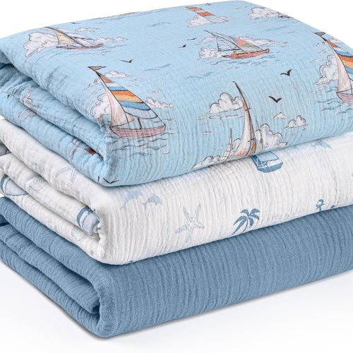 Muslin Swaddle Blankets for Newborn, 3 Pack Breathable Soft Receiving Blanket, Large 38 x 40 inches Swaddle Wrap Burping Clothes, Essentials Infant Shower Items, Toddler Gift (Blue Sea)