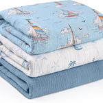 Muslin Swaddle Blankets for Newborn, 3 Pack Breathable Soft Receiving Blanket, Large 38 x 40 inches Swaddle Wrap Burping Clothes, Essentials Infant Shower Items, Toddler Gift (Blue Sea)