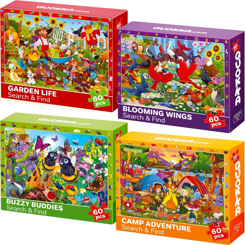 QUOKKA Puzzles for Kids Ages 4-6 - 4 x 60 Puzzles for Toddlers 5-8 - Educational Search and Find Toy for 8-10 yo for Learning Forest Polar, USA National Park Animals and City Life