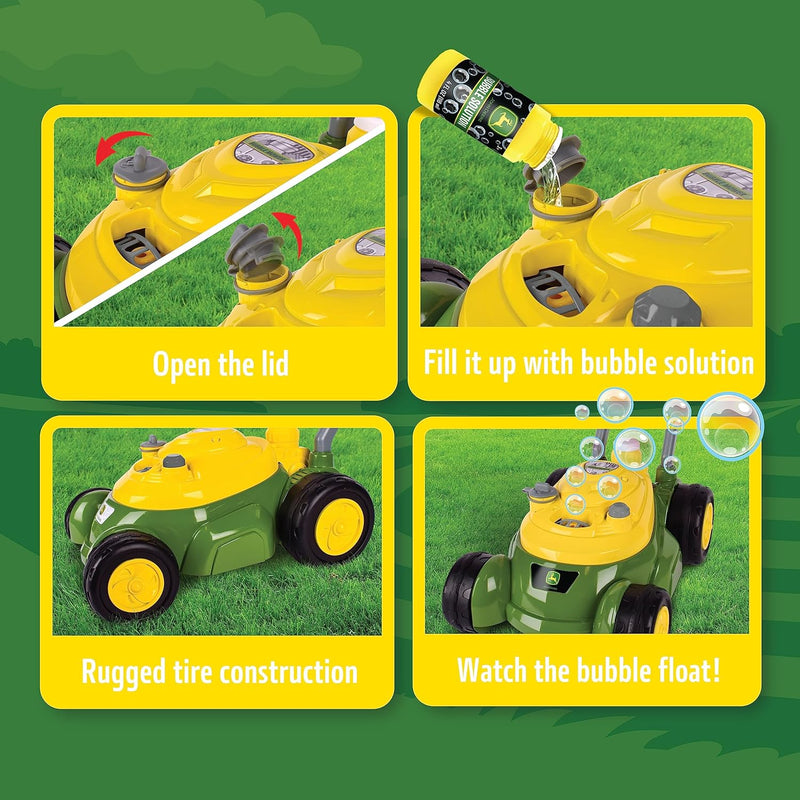 John Deere bubble lawn mower for toddlers with bubble blowing machines, no batteries required, 2+ years old