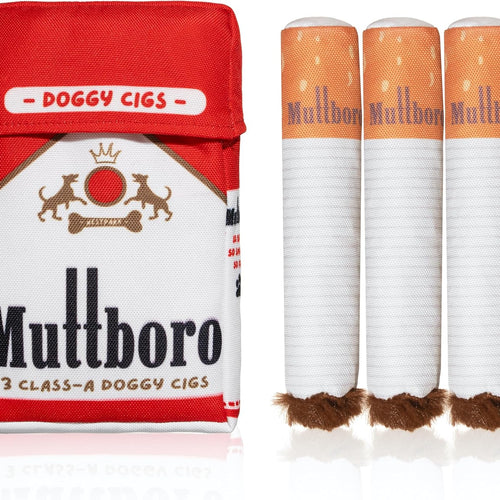 Nestpark Muttboro Doggy Cigs Funny Dog Toys - Parody Plush Squeaky Crinkle Interactive Dog Toy - Hide and Seek Treat Hiding Burrow Puzzle Toy for Stimulating Enrichment Activity