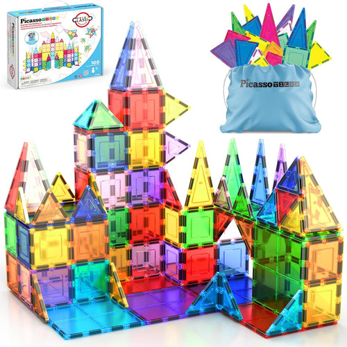 PicassoTiles 100 Piece Set Clear Magnetic 3D Blocks for Kids Creativity Building Playboards Educational