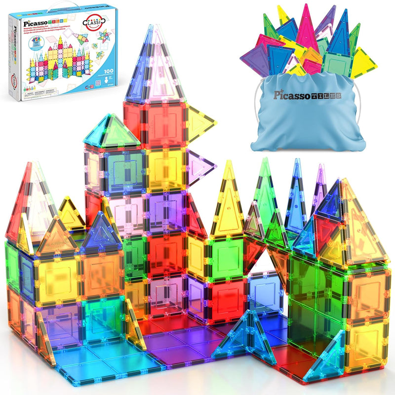 PicassoTiles 100 Piece Set Clear Magnetic 3D Blocks for Kids Creativity Building Playboards Educational