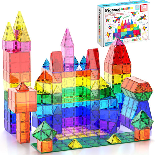 PicassoTiles 60 Piece Set Clear Magnetic 3D Blocks Construction Playboards for Toddlers and Kids