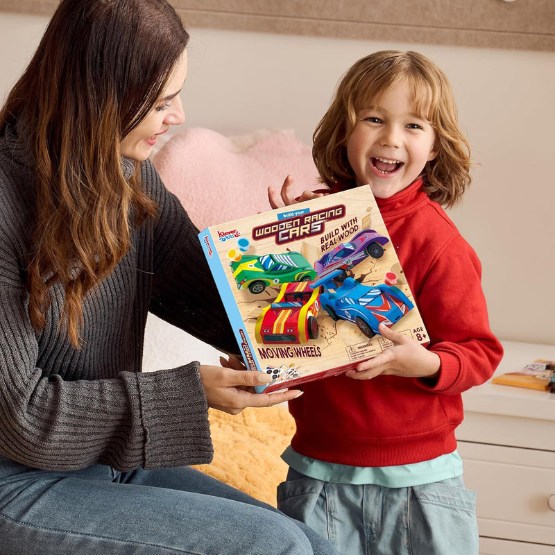 Klever Kits 4 DIY Wooden Race Cars Craft Kit for Kids, Easy to Assemble Arts and Crafts Toy with Paint and Stickers