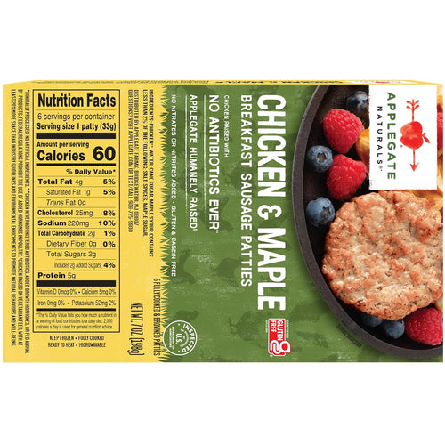 APPLEGATE NATURALS Chicken & Maple Breakfast Sausage Patties, 7oz | No Antibiotics Ever, Certified Gluten-Free, Fully Cooked, Frozen, Ready for busy mornings