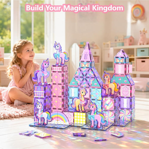 GobiDex 100PCS Unicorn Magnetic Tiles with 6 Unicorns, Princess Castle Unicorn Toys for Girls Age 4-6, Magnetic Building Blocks Toys for 3 4 5 Year Old Girl Birthday Gifts