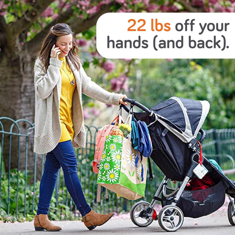 Baby Uma Stroller Hooks for Bags (2 Pack) - Non-Slip, One-Hand Use, 11 lb | These universal stroller clips open one-handed, resist slipping, and each carabiner hook holds 11 lbs—a travel essential.