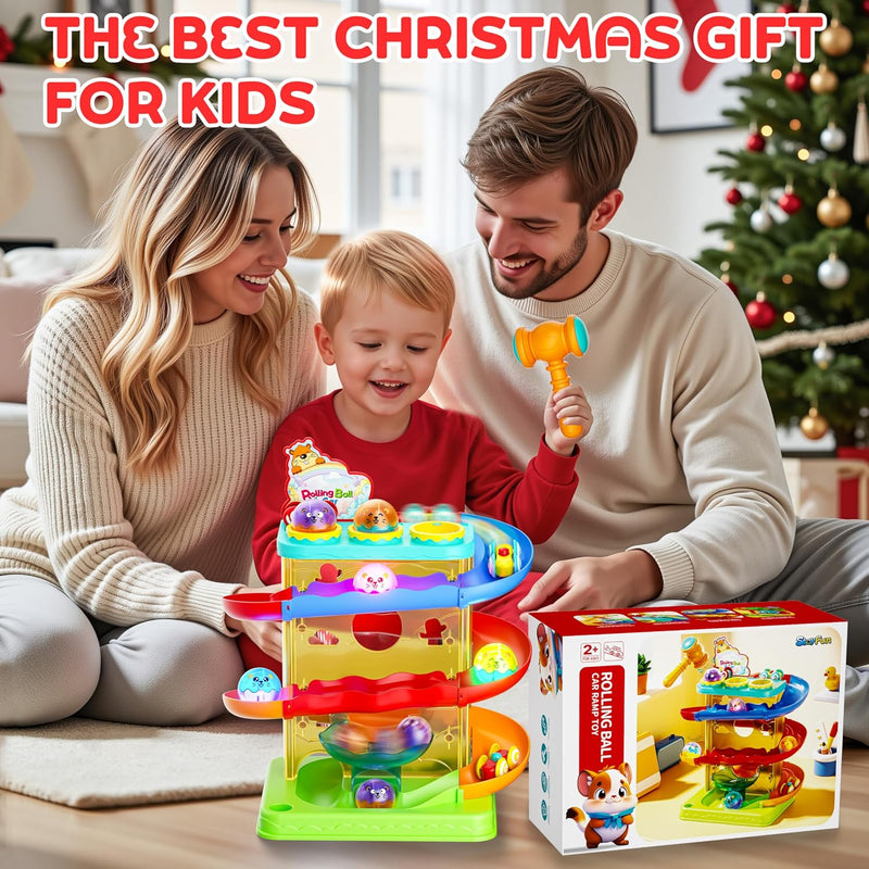 2-in-1 Rolling Ball & Car Ramp Toy for Toddlers, Interactive STEM Learning Playset with Sensor Lights