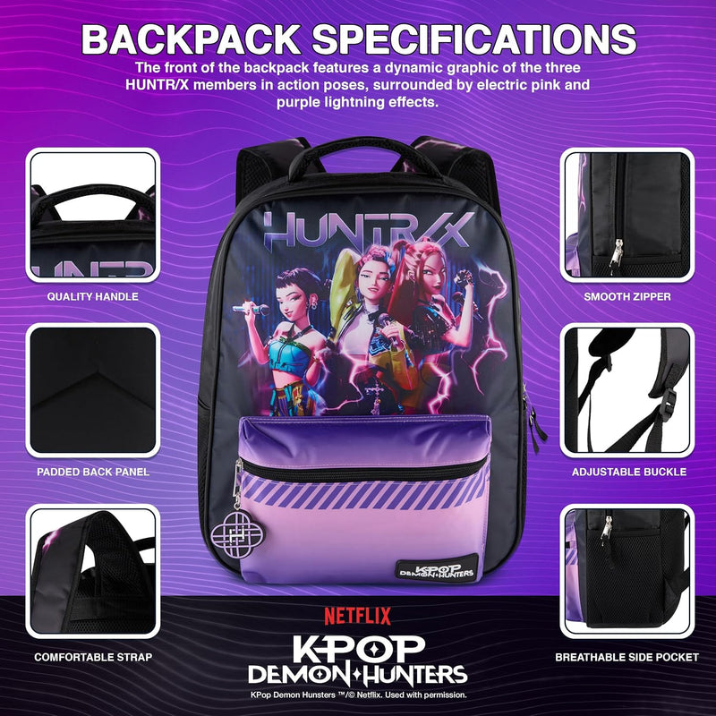 AI ACCESSORY INNOVATIONS K-Pop Demon Hunters Huntrix 16” Backpack for Girls, Featuring Rumi, Zoey, Mira, Rubber Molded Bag Charm, Huntrix
