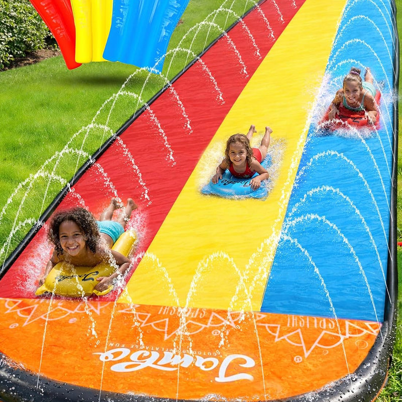 JAMBO Premium Triple Water Slide with 3 Bodyboards, 20Ft Heavy Duty Slip Splash and Slides-Advanced 3-Way Sprinkler System, Splash Pad Mat Backyard Summer Outdoor Water Toys n Long Slides for Kids
