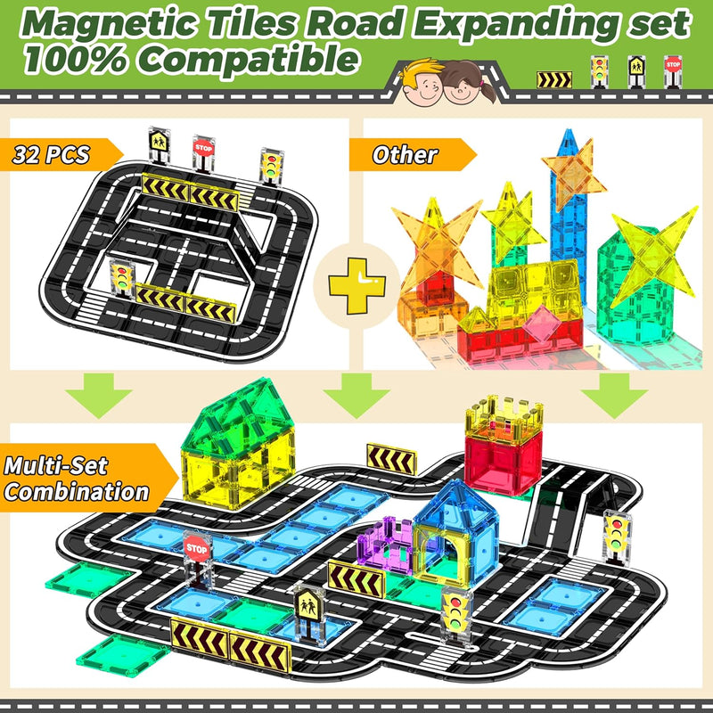 Goodtiles Magnetic Road Expansion Set, STEM Building Blocks for Kids Ages 3-5, Preschool Learning Toys