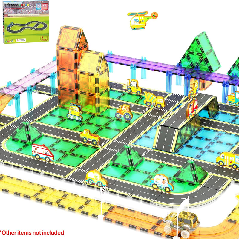 PicassoTiles Race Track Magnetic Tiles Car Toy Fun Playset Includes 2 Racing Trucks Racecars STEM Educational Magnet Building Block Construction Set for Toddlers Boys Girls Ages 3 and Older PTR30