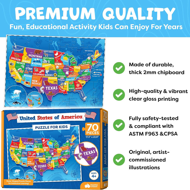 United States 70Pcs Floor Puzzle for Kids Ages 4-6 - USA Map with 50 States & Capitals