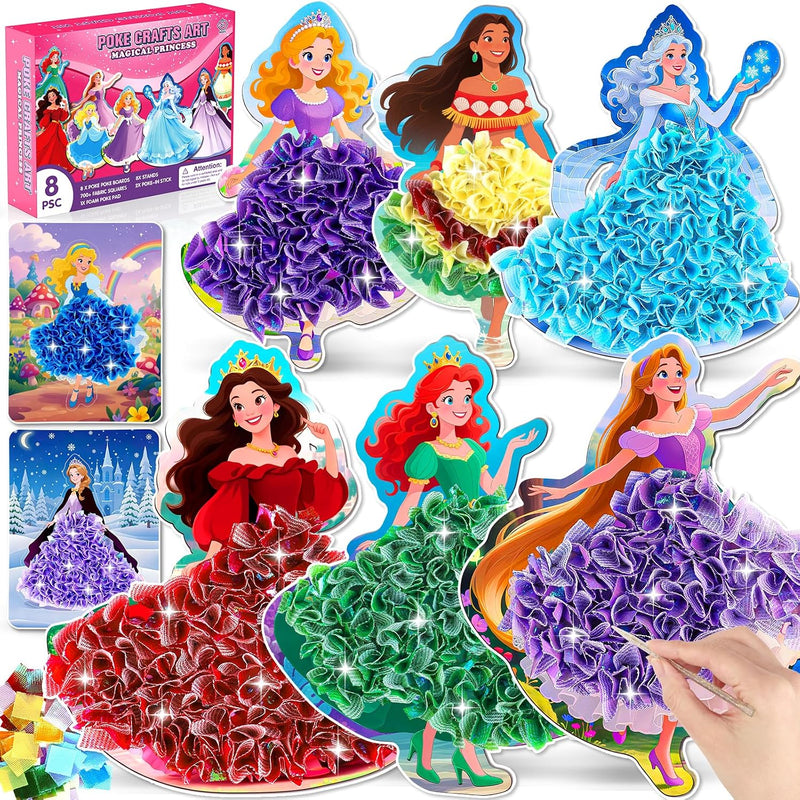 8PCS Poke Art Kits - Magical Princesses, Mess-Free Fabric Creative Art, DIY Arts and Crafts Toys for Kids Ages 3-12, Birthday Gifts & Party Favors for Girls & Boys 4, 5, 6, 7, 8, 9 Years Old