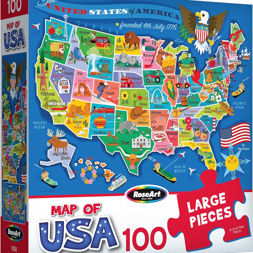 RoseArt Educational Map of USA Jigsaw Puzzle for Kids, 100 Large Durable Pieces, Fun State Illustrations, Made in USA, Learning Toy for Ages 6+, Finished Size 24 x 18 Inches.