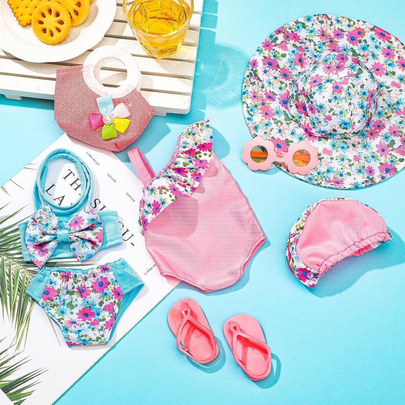 Kajaia 8 Pcs 18 Inch Doll Clothes and Accessories Summer Dolls Swimsuits Beach Playsets Include Doll Swimsuit Bikini Dress Flip Flops Hat Sunglasses Handbag Swim Accessories for 18 Inch Girl Dolls