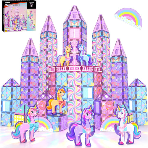 GobiDex 100PCS Unicorn Magnetic Tiles with 6 Unicorns, Princess Castle Unicorn Toys for Girls Age 4-6, Magnetic Building Blocks Toys for 3 4 5 Year Old Girl Birthday Gifts