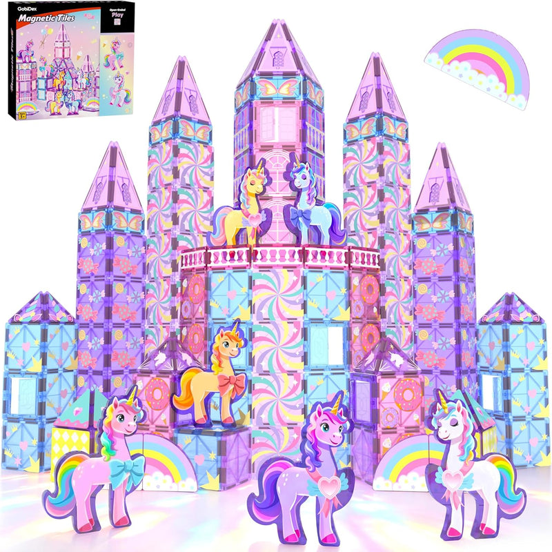 GobiDex 100PCS Unicorn Magnetic Tiles with 6 Unicorns, Princess Castle Unicorn Toys for Girls Age 4-6, Magnetic Building Blocks Toys for 3 4 5 Year Old Girl Birthday Gifts