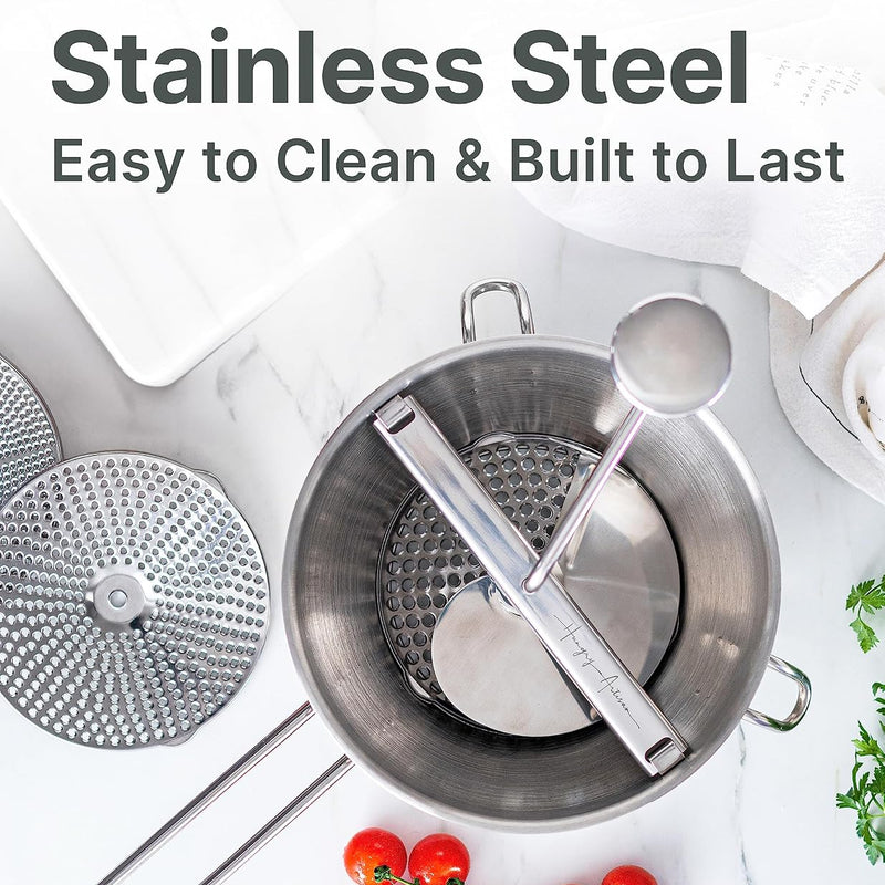 Hungry Artisan Stainless Steel Food Mill for Tomato Sauce & Canning | Great for tomato sauce, applesauce, baby food, mashed potatoes, puree, and canning, 3 interchangeable discs, dishwasher-safe