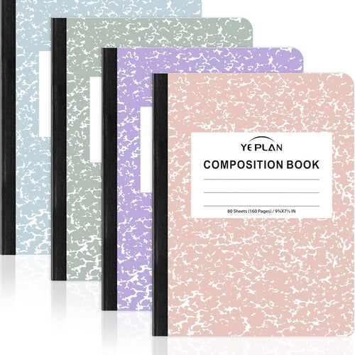 Yeplan Composition Notebooks 4 pack, Wide Ruled Notebook Paper, 9 3/4" x 7 1/2", 80 Sheets/160 Pages, Aesthetic Marble Composition Notebook for School & Office Supplies (4, Pastel Marble Colors)