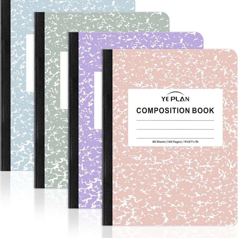Yeplan Composition Notebooks 4 pack, Wide Ruled Notebook Paper, 9 3/4" x 7 1/2", 80 Sheets/160 Pages, Aesthetic Marble Composition Notebook for School & Office Supplies (4, Pastel Marble Colors)