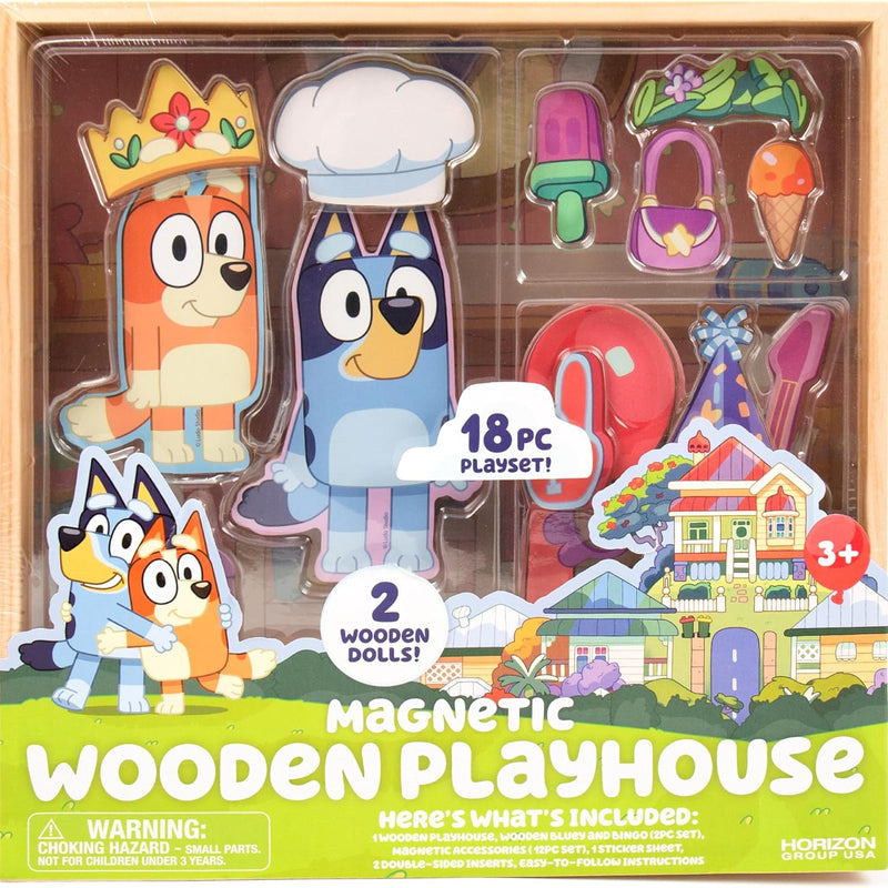 Horizon Group USA Bluey Magnetic Wooden Playhouse, 18 Piece Activity Set, Includes 2 Wooden Dolls House, Great Toys for Kids, Fun Birthday Party Activity, House Playset