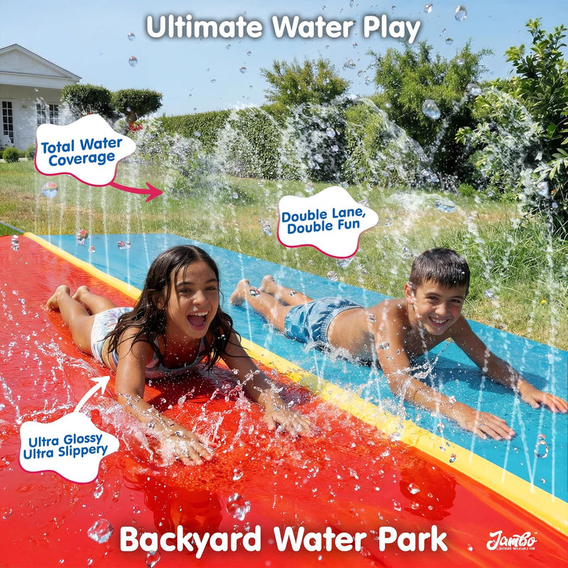 JAMBO Premium 24Ft Budget Slip Splash and Slide, Heavy Duty Water Slide with Advanced Sprinkler System, Backyard Waterslide, Splash Mat, Outdoor Water Toys n Slides for Kids
