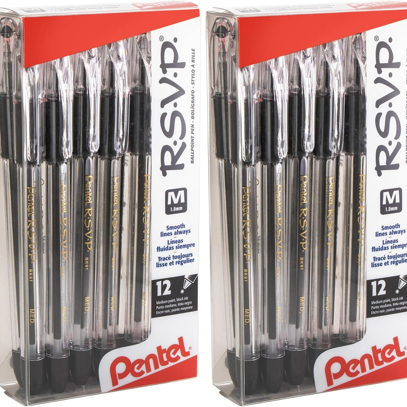 Pentel RSVP Ballpoint Pen, (1.0mm), Medium Line, Black Ink, 12 Pack (BK91PC12A)