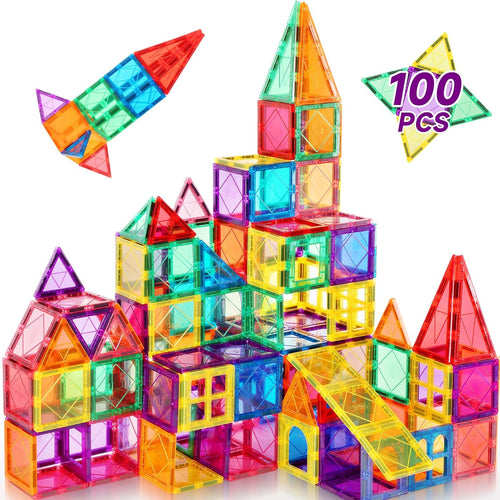 Magnetic Tiles 100PCS Kids Toys - Magnetic Building Blocks STEM Magnet Building Set Preschool Learning Magnet Toys for Kids Ages 3-5 4-8, Sensory Montessori Toy for Toddlers 3+ Year Old Boys Girls