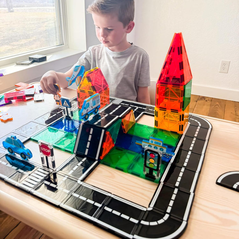104 PCS Magnetic Tiles Road Set for Kids Ages 3-5, 5-7, 4-8, Magnet Building Blocks for Toddler Toys Games