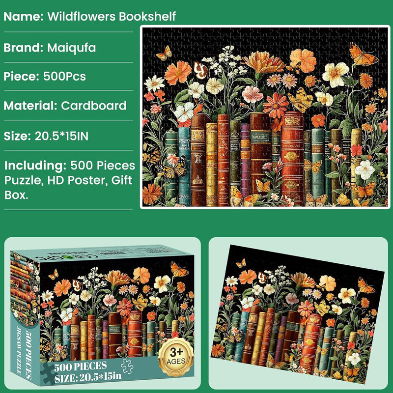 Vintage Wildflowers and Books 500-Piece Puzzle: Recycled Cardboard Jigsaw Challenge for Adults and Seniors