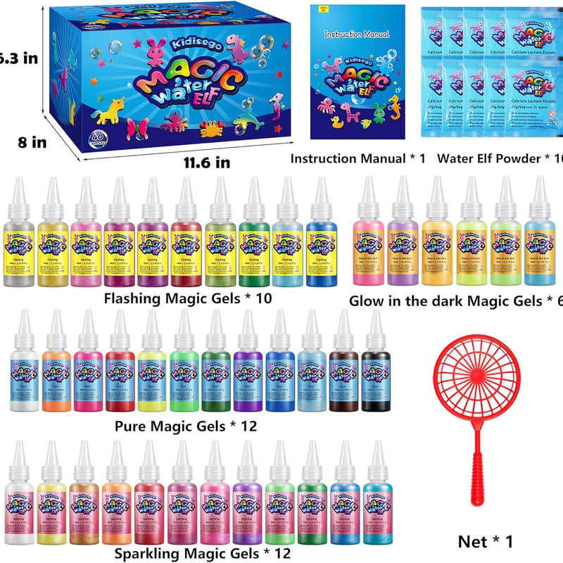 Kidisego Magic Water Elf Toy Kit, 40 Colors Aqua Fairy Water Gel Kit for Kids, Aqua Fairy kit with 24 Molds 10 Pack of Magic Powder, Crate Your Own Water Pets Craft Kits for Kids