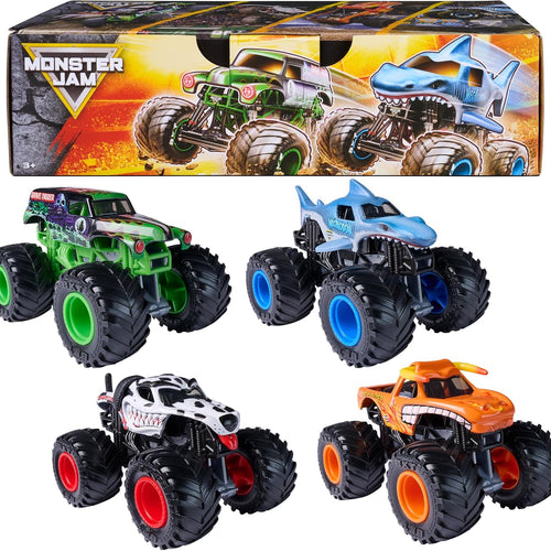 Official 1:64 scale Monster Jam, All Stars 4-pack with Grave Digger, Megalodon, Dalmatian and El Toro Loco for kids aged 3 and up