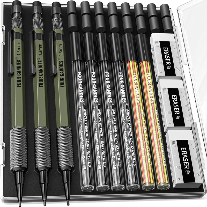 Four Candies 1.3mm Mechanical Pencil Set with 72 Lead Refill, 3PCS Metal Weatherproof Body Heavy Duty Carpenter Pencil, 3 Eraser, 16 Eraser Refill, for Outdoor Woodworking Drafting Marking with Case