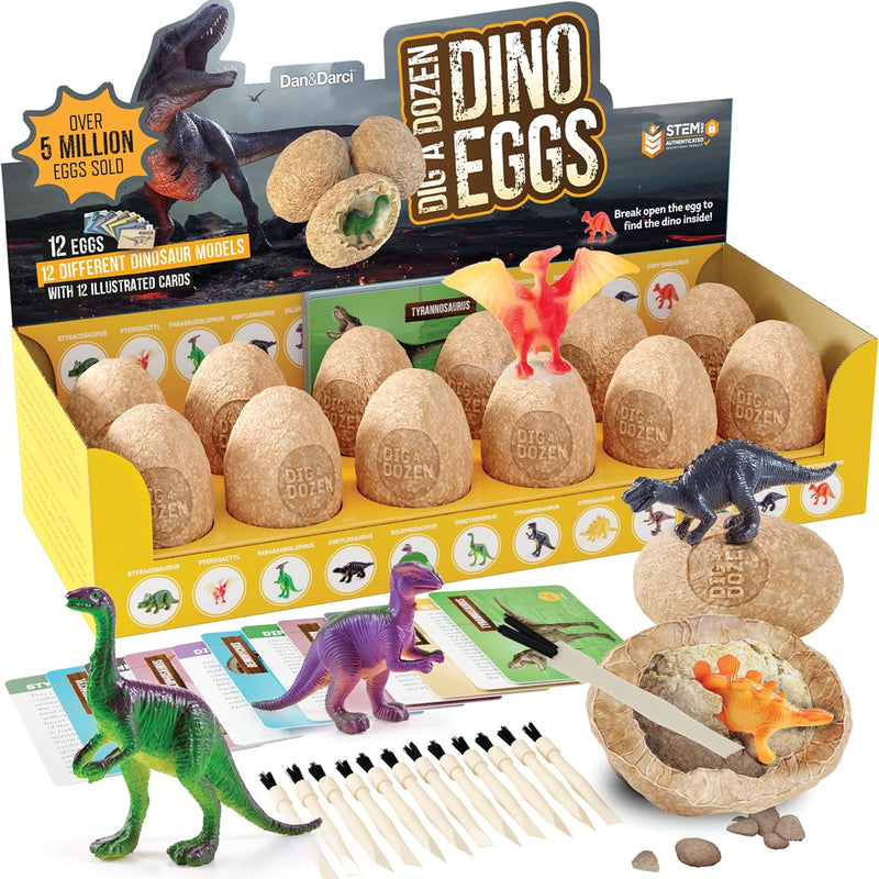Dan&Darci Dig a Dozen Dino Egg Kit for 3-12 year olds, 12 Eggs & Surprise Dinosaurs, Science STEM Activities - Dinosaur Toys Gift