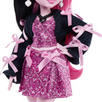 Monster High Doll, Draculaura in Pink Bow Dress and Black Cardigan with Pet Bat Count Fabulous and 7 Accessories Like Ramen, Lipstick and Purse