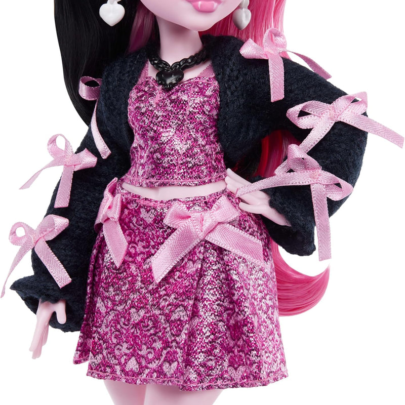 Monster High Doll, Draculaura in Pink Bow Dress and Black Cardigan with Pet Bat Count Fabulous and 7 Accessories Like Ramen, Lipstick and Purse