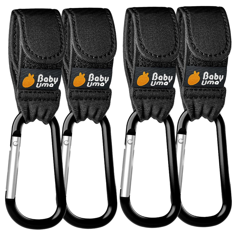 Baby Uma Stroller Hooks for Bags (2 Pack) - Non-Slip, One-Hand Use, 11 lb | These universal stroller clips open one-handed, resist slipping, and each carabiner hook holds 11 lbs—a travel essential.