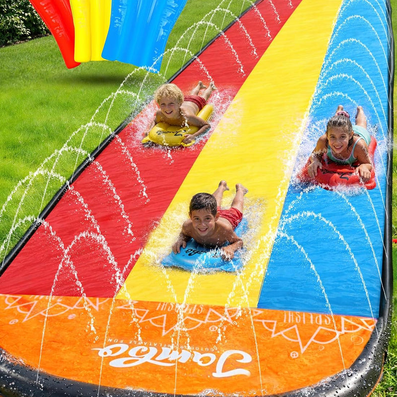 JAMBO 25Ft Premium XXL Slip Splash and Slide with 3 Bodyboards, Heavy Duty Water Slide- Advanced 3-Way Sprinkler System, Splash Mat Splash Pad Backyard Waterslide Outdoor Water Toys n Slides for Kids