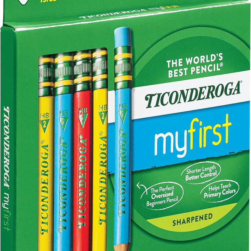 Ticonderoga My First Short Triangular Wood-Cased Pencils, #2 HB Soft, With Erasers, Primary Colors, 12 Count