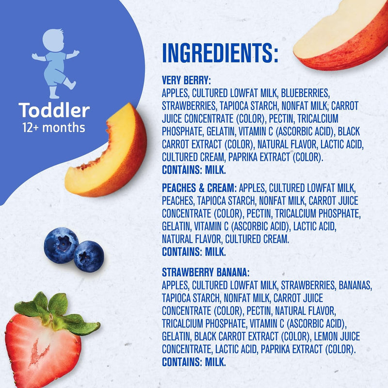 Gerber Toddler Food, Very Berry, Peaches & Cream, Strawberry Banana, Fruit Puree and Yogurt Pouches, Calcium Helps Support Strong Bones, No Artificial Flavors, 9-Pack