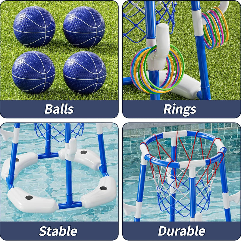 JUKUDAHU Pool Basketball Hoop, 2-in-1 Boy Pool Toys for Kids Ages 4-8 | Floating Pool Ring Game with 4 Balls and Pump, Outdoor Swimming Water Play Toy, Summer Water Toys for Kids Adults Age 3-12