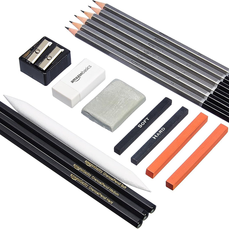 Amazon Basics Sketching and Drawing Art Pencil Kit, 17-Piece Set for Artists, Drawing Supplies with Pencils, Charcoal, Erasers, Sharpener for Shading, Black, White