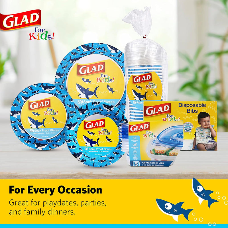 Glad for Kids Disposable Paper Bibs with Crumb Catcher, Sharks, 30 Count | Absorbent, leakproof design for mess-free feeding at meals, crafts, parties, and travel
