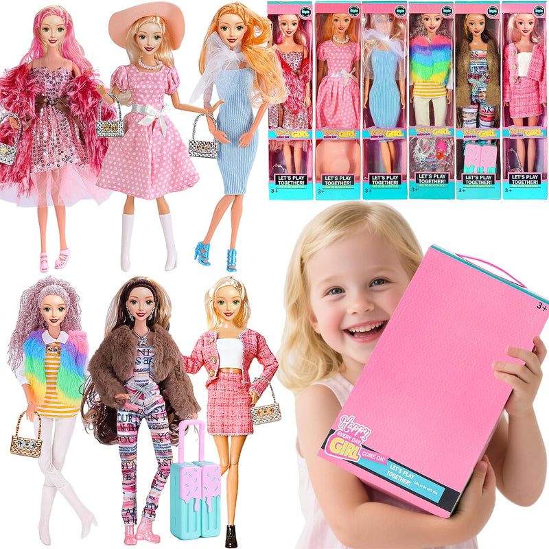6 Pack Fashion 11.5 inch American Toy Prinecess Dolls Playset with Outfits Dress Design and Accessories Like Handbag Hat Crown Necklace Suitcase (Gift Box Package)