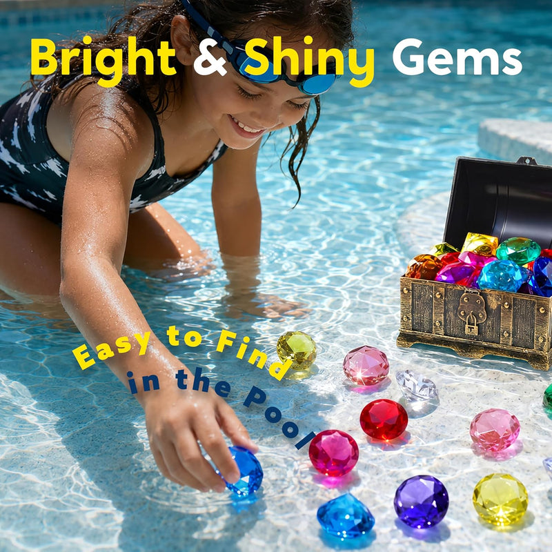 Sloosh Diving Gems Pool Toys, 16 Big Colorful Diamond with Pirate Treasure Chest,Swim Dive Toy for Kids Underwater Gemstone Swimming Training Gift Water Pool Games(Gold)
